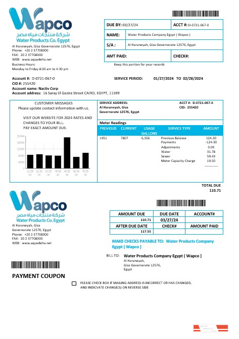 Egypt Water Products Company Egypt Wapco business utility bill template PSD template